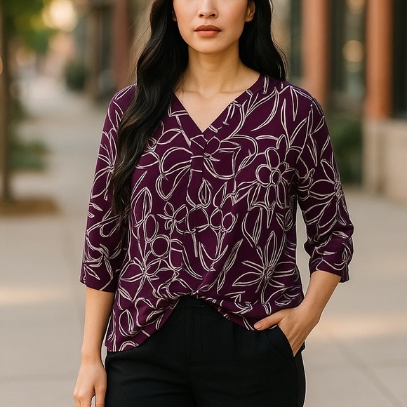 Anthropologie Tops - Anthropologie Akemi + Kin Womens Purple Floral Basic Tie Sleeve Top Blouse‎ XS